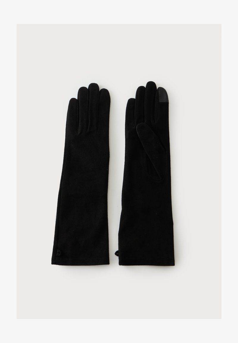 Paire de longs gants noirs avec un gant affichant un bout de doigt compatible avec un écran tactile sur fond blanc.