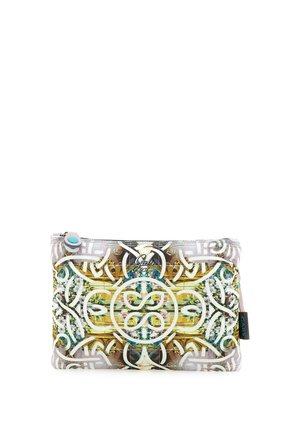Piccola pochette con cerniera con motivi astratti colorati e simmetrici a spirale bianca su sfondo multicolore, con etichetta del marchio Gabs.