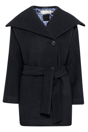 Abrigo de lana negro con solapas anchas, cierre de un botón y cinturón a juego en la cintura. Cuenta con un forro interior suave.