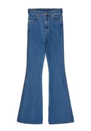 Blue denim high-waist jeans with flared legs, front button closure, and five-pocket design laid flat on a white background.