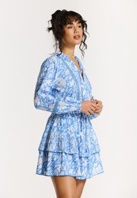 Robe imprimée bleue avec des manches longues, une jupe à volants en couches et des détails en boutons. Présente des motifs floraux et une texture plissée.