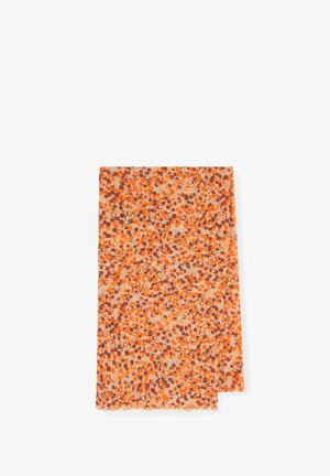 Lichte sjaal met een beige basis waarop een kleurrijk abstract patroon van oranje en bruine stippen is afgebeeld. De randen zijn gefransd voor extra textuur.