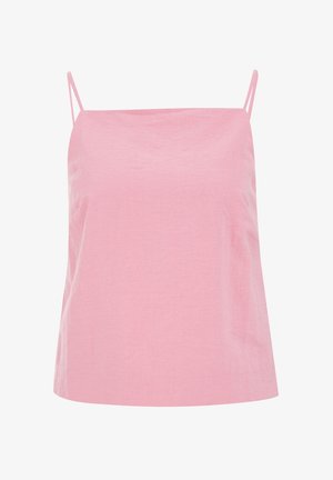 Roosa kampsun koos õhukeste õlavarreline rihmadega, millel on kerge ja sile tekstuur ning A-jooneline lõige. Ilma musterite või kaunistusteta.