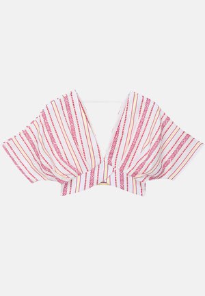 Striped crop top featuring red, pink, and yellow lines with a deep V-neck and wide sleeves. Material is lightweight and textured.