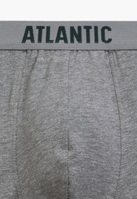 Szare bokserki z elastycznym pasem, na którym widnieje napis "ATLANTIC" w ciemnozielonym kolorze. Miękki, elastyczny materiał o gładkiej teksturze.