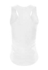 White sleeveless tank top with a round neckline. Smooth texture, fitted design, and curved hem at the bottom. No visible logos or patterns.