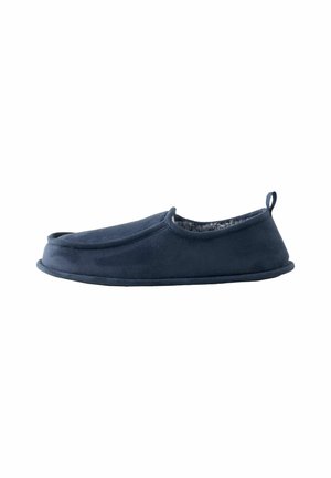 Navy blue indoor slipper made of soft, textured fabric. Features a rounded toe and a low back with a small loop for easy pull-on.