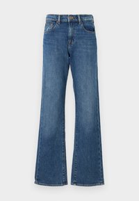 Jean en denim bleu évasé avec taille haute, comprenant cinq poches et une fermeture à bouton. Le tissu a une finition légèrement délavée.
