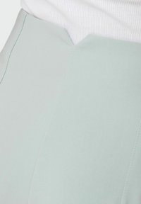Tejido verde claro, texturizado y con un brillo sutil; presenta una línea de cintura en forma de V y costuras contrastantes a lo largo de las costuras laterales.