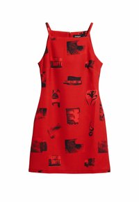 Röd ärmlös klänning i mjukt tyg som har olika svarta grafiska tryck, inklusive ansikten och text, med en dragkedja bak.