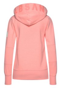 Pink hoodie with a kangaroo pocket, ribbed cuffs, and hem. Features a textured hood with "LB SAN" lettering across the back.