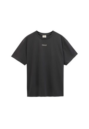 Black cotton t-shirt with short sleeves, round neck, featuring "HALO" printed in white on the front. Simple design, lightweight texture.