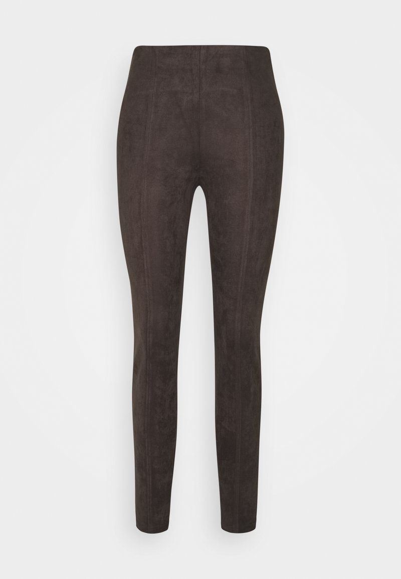 Legging en daim marron foncé à taille haute avec détails de coutures verticales, présenté à plat sur un fond blanc uni.