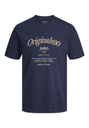 T-shirt en coton bleu marine avec encolure ronde, manches courtes, et graphique texte à l'avant, incluant "Originals90" en beige et blanc.