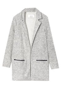 Grauer und weißer texturierter Mantel mit offenem Vorderteil, Revers mit Kerbkragen, zwei Vordertaschen und dunklen Akzentnähten. Geeignet zum Schichten.