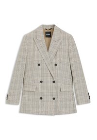 Dobbeltradet blazer i lysebeige med ternet mønster. Har spidsede revers, to forlommer og sorte knapper. Skræddersyet pasform.