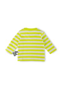 Striped long-sleeve shirt in bright yellow and gray fabric, featuring a round neckline and tag detail on the left side.