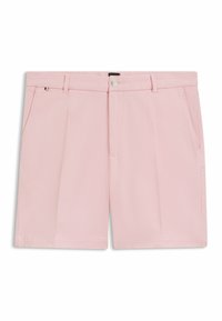 Pink cotton shorts featuring a flat front, side pockets, and a button closure. The fabric has a subtle textured pattern.