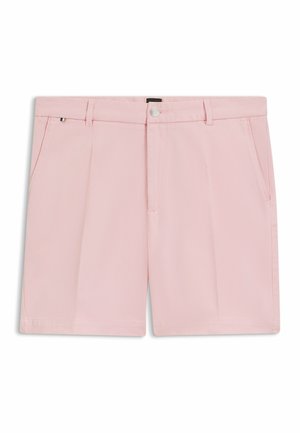 Różowe bawełniane szorty z płaskim przodem, bocznymi kieszeniami i zapięciem na guzik. Tkanina ma subtelny, teksturowany wzór.