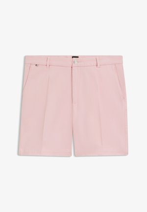 Pink cotton shorts featuring a flat front, side pockets, and a button closure. The fabric has a subtle textured pattern.