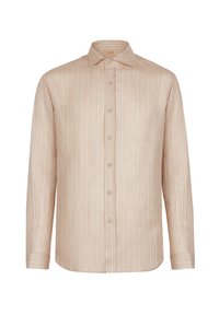 Camicia beige chiara a maniche lunghe con sottili righe verticali, chiusura a bottoni sul davanti, colletto a punta e polsini con dettagli di bottoni coordinati.
