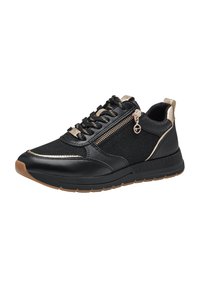 Sneaker nera con upper in tessuto testurizzato, dettagli dorati e zip laterale. Caratterizzata da lacci neri e una suola in gomma imbottita.