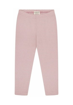 Rosa und weiß dünn gestreifte, weiche Baby-Leggings mit elastischem Bund, flachen Nähten und ohne sichtbare Taschen oder Knöpfe.