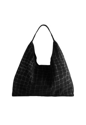Black tote bag with a textured, crocodile pattern. Soft material and a curved, open top design. Single strap for carrying.