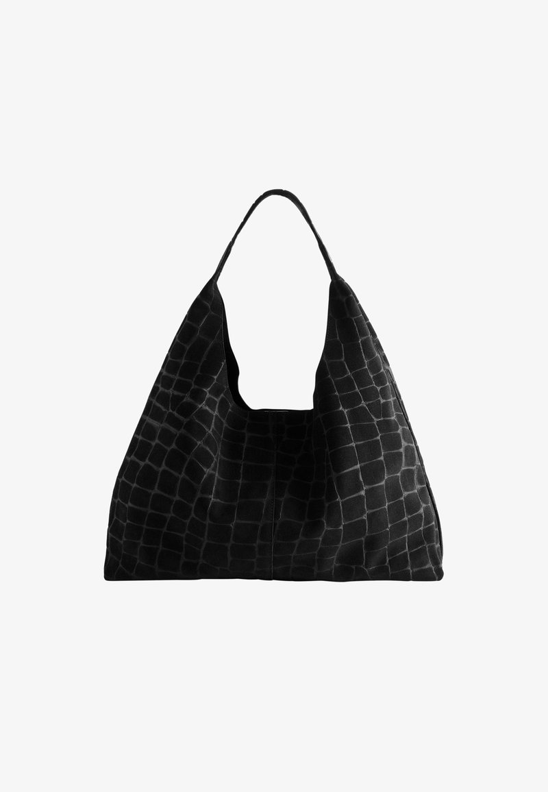 Black tote bag with a textured, crocodile pattern. Soft material and a curved, open top design. Single strap for carrying.