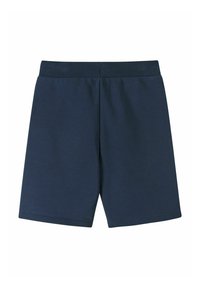 Granatowe szorty sportowe wykonane z miękkiego materiału, z elastycznym pasem i gładką powierzchnią, o prostym, jednolitym wzorze.