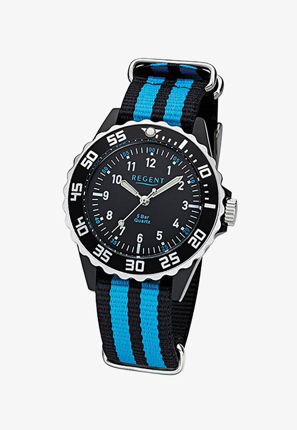 KINDER, JUGEND TEXTIL, STOFF ANALOGUHR MINERALGLAS SCHWARZ, BLAU - Uhr - schwarz
