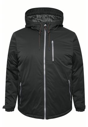 Zwarte hoodiejack gemaakt van een zachte, waterafstotende stof. Voorzien van zilveren ritsen en een verstelbare hoodie met bruine trekkoorden.