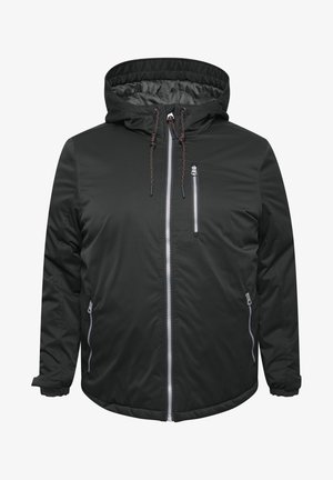Schwarze Kapuzenjacke aus weichem, wasserabweisendem Material. Mit silbernen Reißverschlüssen und einer verstellbaren Kapuze mit braunen Zugbändern.