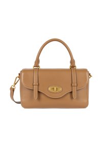Borsa a tracolla in pelle tan con design strutturato, manici arrotondati, tracolla regolabile, dettagli in oro e chiusura anteriore prominente.