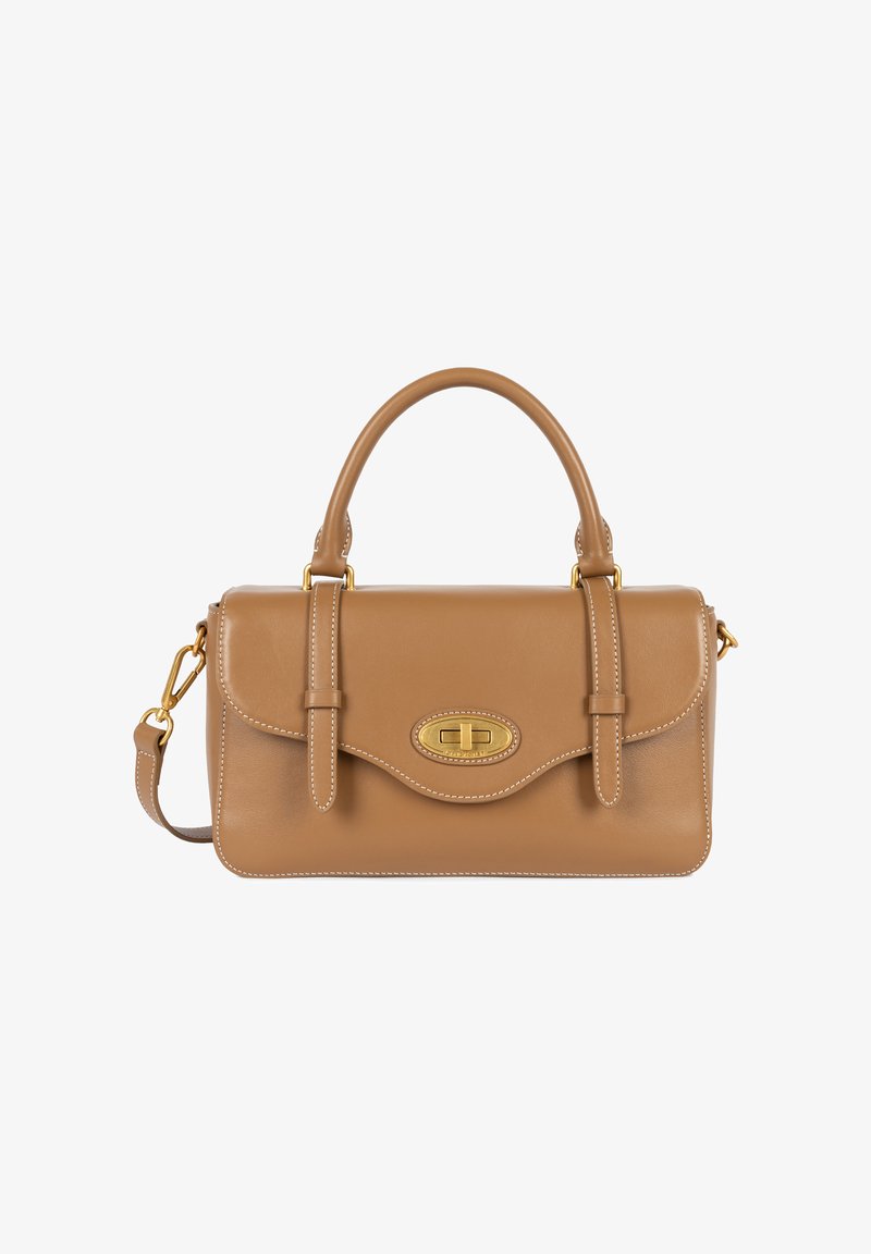 Borsa a tracolla in pelle tan con design strutturato, manici arrotondati, tracolla regolabile, dettagli in oro e chiusura anteriore prominente.