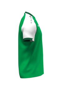 Grünes Poloshirt mit weißen Ärmeln und Kragen, fünf Knöpfen und glatter Textur. Keine sichtbaren Muster oder Akzente.