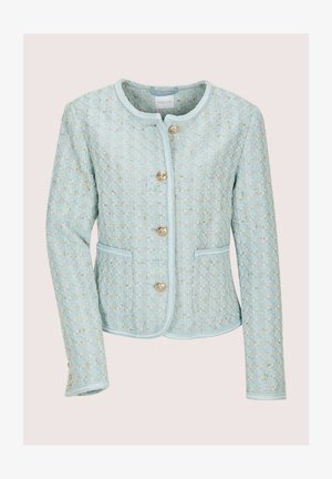 Light blue tweed jacket with a textured pattern, round neck, front pockets, and gold-tone buttons. Trimmed edges enhance overall design.