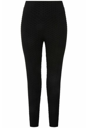 Sorte leggings med et tekstureret mønster og geometrisk design, tætsiddende pasform og en glat overflade. Ingen synlige hardware eller accenter.