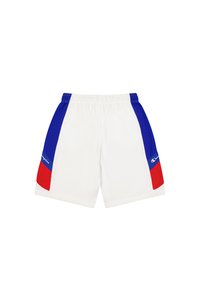 Weiße Sportshorts mit blauen und roten Seitenpanelen, elastischem Bund und einem kleinen Logo am unteren linken Bein.