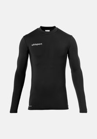 Sort langærmet sports skjorte med en tætsiddende pasform, lavet af strækbart stof. Har en rund udskæring og et trykt hvidt logo på brystet.