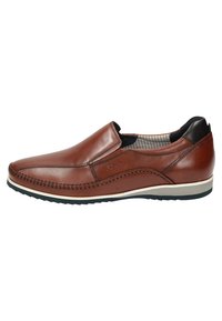 Braune Leder-Slipper mit gestickten Details, einem schwarzen Absatzakzent und einer weißen Gummisohle. Verfügt über ein gestreiftes Innenfutter.