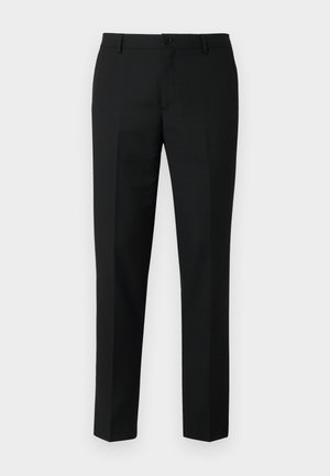 Black tailored trousers made of a smooth fabric, featuring a neat waistband, front pockets, and narrow straight legs.