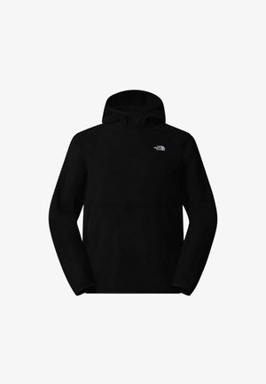 Felpa nera con cappuccio, dotata di tasca frontale e dettagli con zip. Presenta un logo sulla parte superiore a sinistra. Realizzata in tessuto morbido e testurizzato.