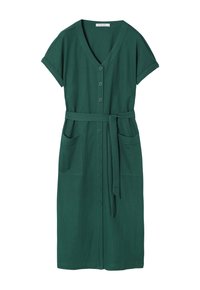 Groene katoenen jurk met een v-hals, korte mouwen, knoopsluiting aan de voorkant, twee zijzakken, tailleband en een licht gestructureerde stof.