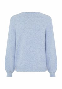 Helles blauer gestrickter Pullover mit rundem Ausschnitt, langen Puffärmeln und gerippten Bündchen. Der Stoff hat eine feine, melierte Textur.