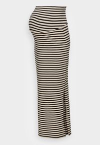 Stribet nederdel i sort og beige. Har en sideslids, lavet af et blødt, strækbart stof, med en tætsiddende silhuet og draperet design.