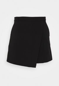 Svart asymmetrisk omslagskjol med bältesömmar och ett överdragspanel framtill.