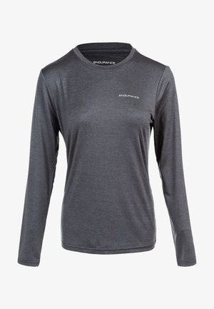 Langærmet atletisk skjorte i mørkegrå, lavet af fugttransporterende stof. Har en rund halsudskæring og et diskret logo på brystet.