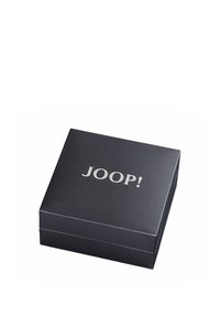 Scatola regalo nera con texture, logo "JOOP!" argentato sulla parte superiore, forma quadrata e linee pulite, adatta per l'imballaggio.