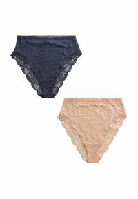 Twee paar ondergoed met kantafwerking in marineblauw en nude. Het marineblauwe paar heeft bloemenkantaccenten; het nude paar heeft een gladde afwerking met kantdetails.